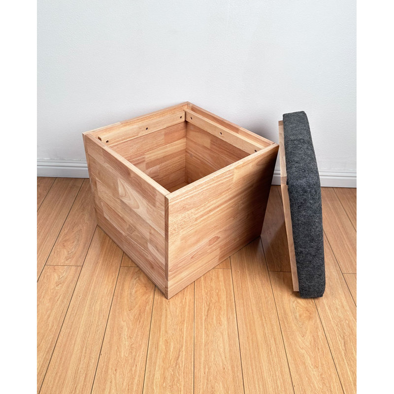 Zanesfield Storage Ottoman Cube Stool Solid Wood Grey Cushion Lid